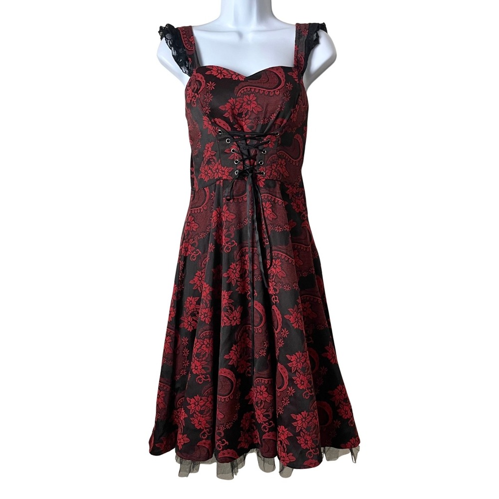 Hearts & Roses Dress US 6 Red Black Corset Lace Up Floral Goth Pinup Rockabilly